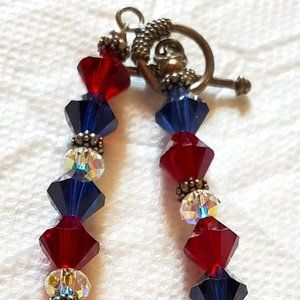 925 Patriotic Red White Blue Crystal Bead Bracelet Sterling Silver Toggle Clasp